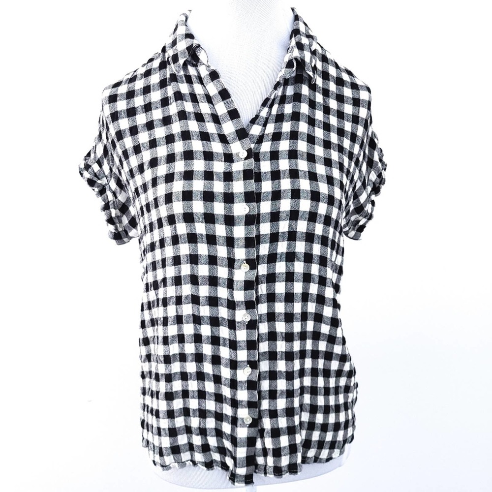 Jane & Delancey Gingham Top Black White Large, Short Sleeve, Lagenlook Plaid
